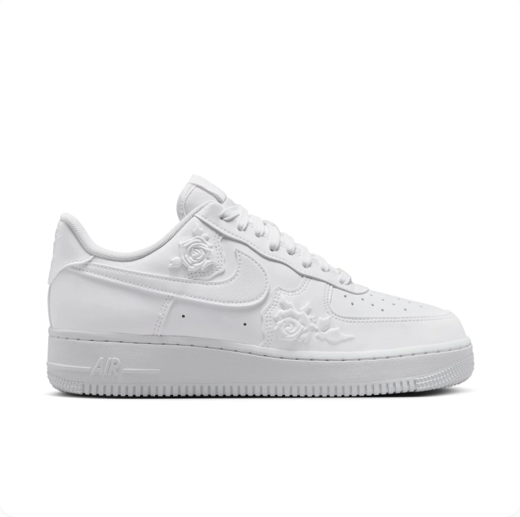 Nike Air Force 1 All-White Low-Top Sneakers with Rose Details