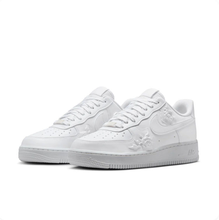 Nike Air Force 1 All-White Low-Top Sneakers with Rose Details