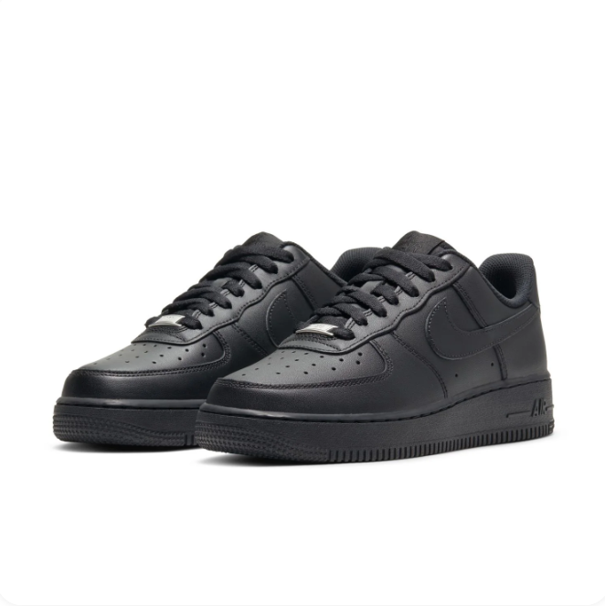 Nike Air Force 1 Triple Black Low-Top Sneakers with Silver Lace Tags