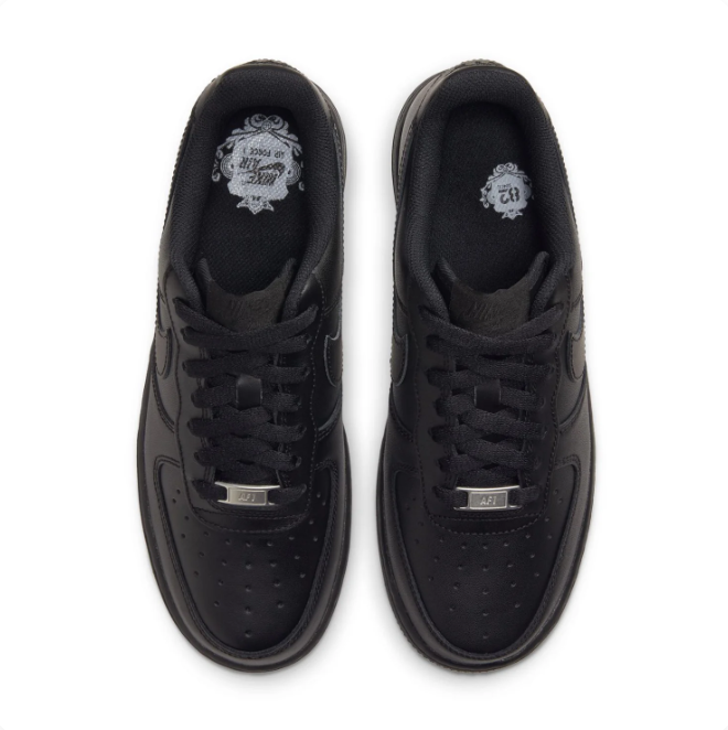 Nike Air Force 1 Triple Black Low-Top Sneakers with Silver Lace Tags