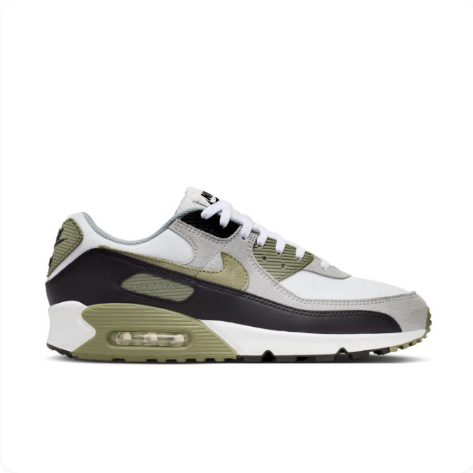 Nike Air Max 90 White, Grey & Olive Sneakers with Black Overlays