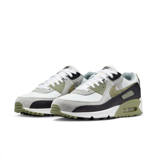 Nike Air Max 90 White, Grey & Olive Sneakers with Black Overlays