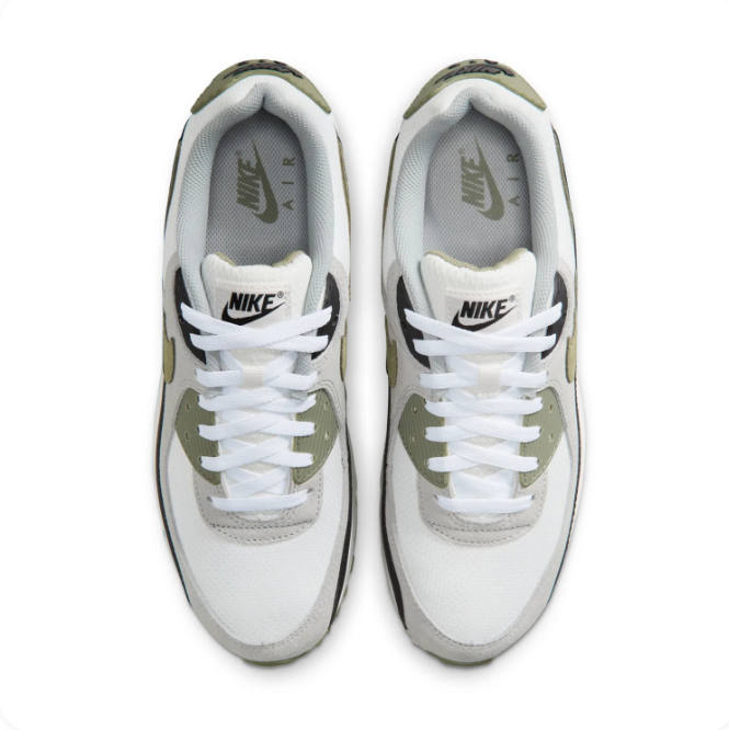 Nike Air Max 90 White, Grey & Olive Sneakers with Black Overlays