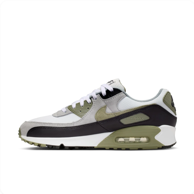 Nike Air Max 90 White, Grey & Olive Sneakers with Black Overlays
