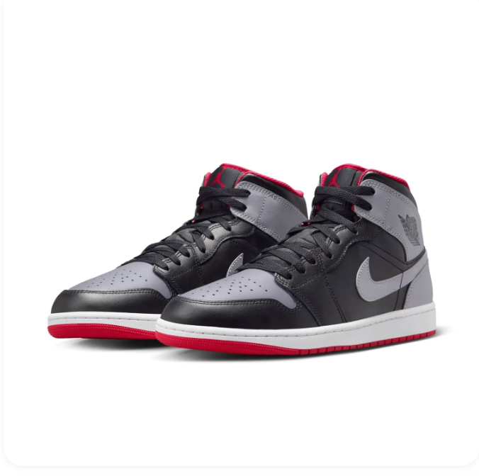 Air Jordan 1 Mid Black & Grey Sneakers with Red Accents