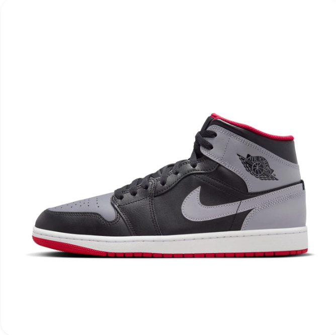 Air Jordan 1 Mid Black & Grey Sneakers with Red Accents