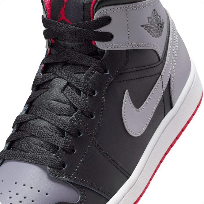 Air Jordan 1 Mid Black & Grey Sneakers with Red Accents