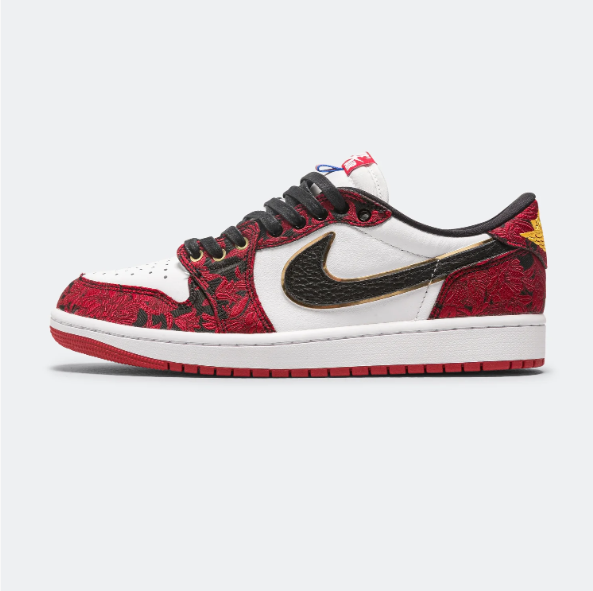 Air Jordan Red & White Patterned Low-Top Sneakers with Gold Accents