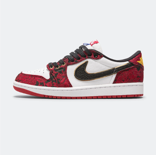 Air Jordan Red & White Patterned Low-Top Sneakers with Gold Accents