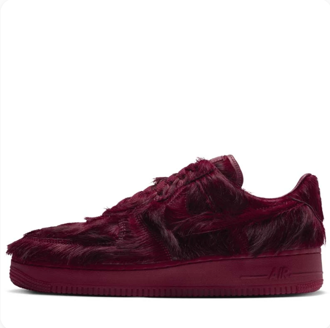 Nike Air Force 1 Burgundy Low-Top Sneakers with Shaggy Textured Upper